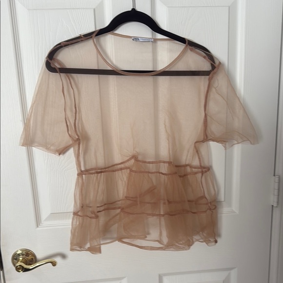 Sheer Tan peplum Top Zara size medium - Picture 1 of 4